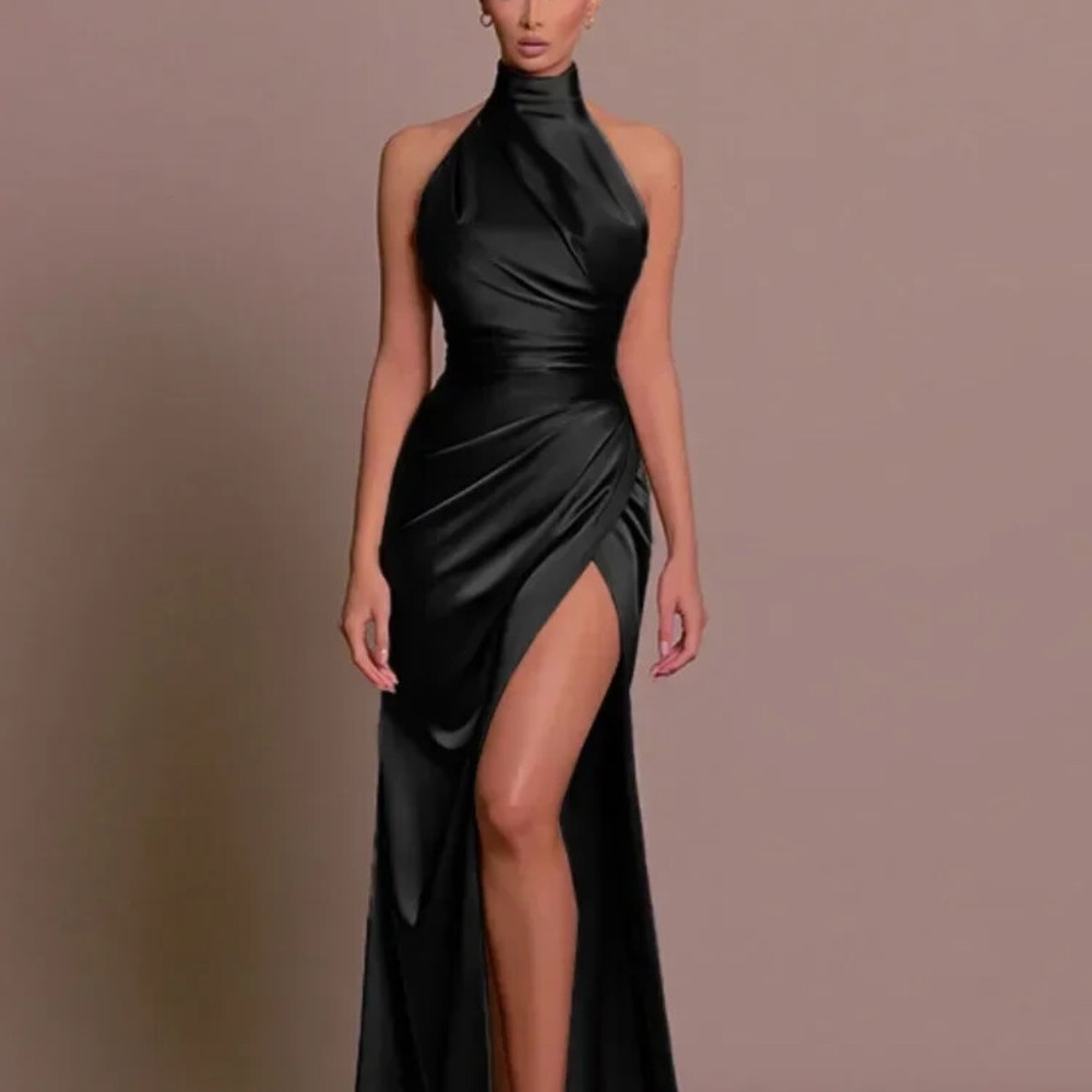 Elegant Black Silky Wrap High Neck Evening Dress
